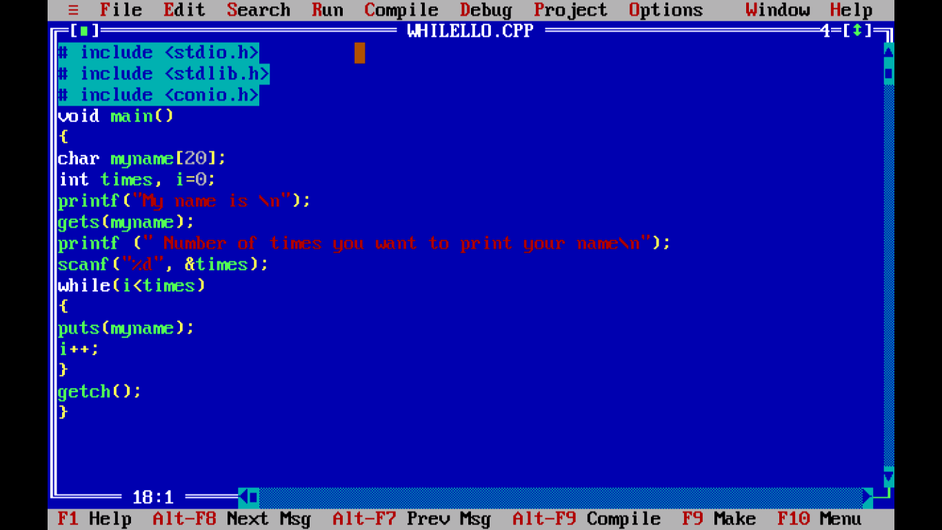 C Program example with While Loop in editor