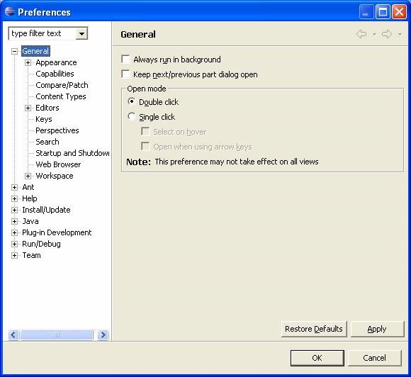 Eclipse preference dialog