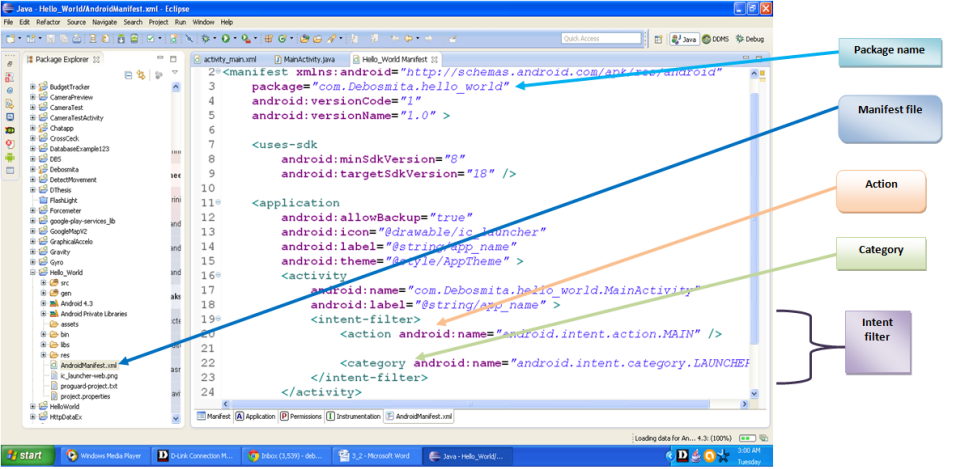 Example of Android intent filter from HelloWorld App.
