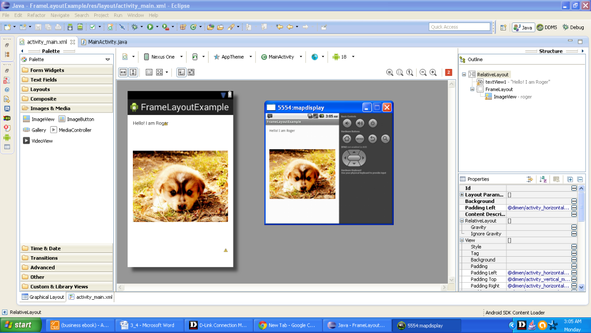Snapshot of FrameLayout example on emulator