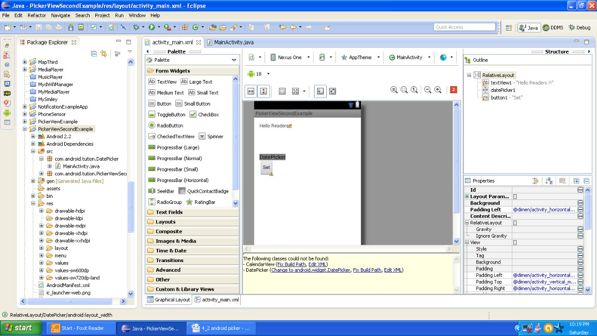 Graphical layout of Android date picker app