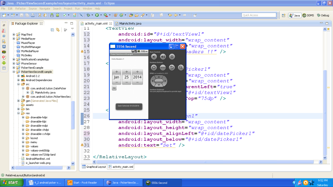 Output of Android date picker app