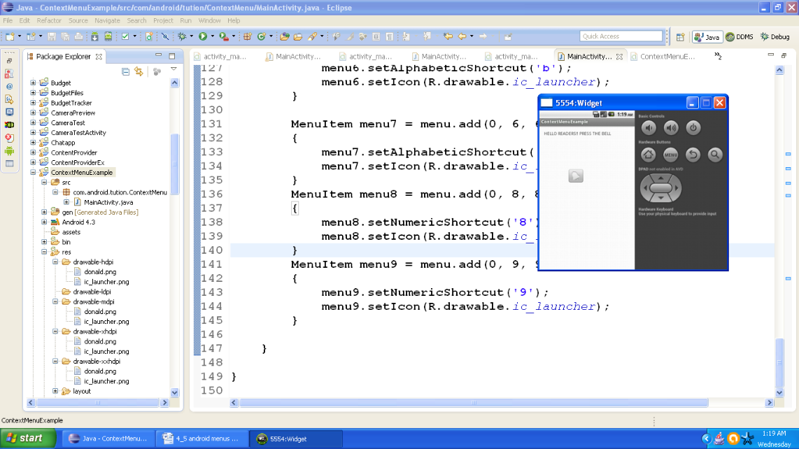 Output of Android context Menu app