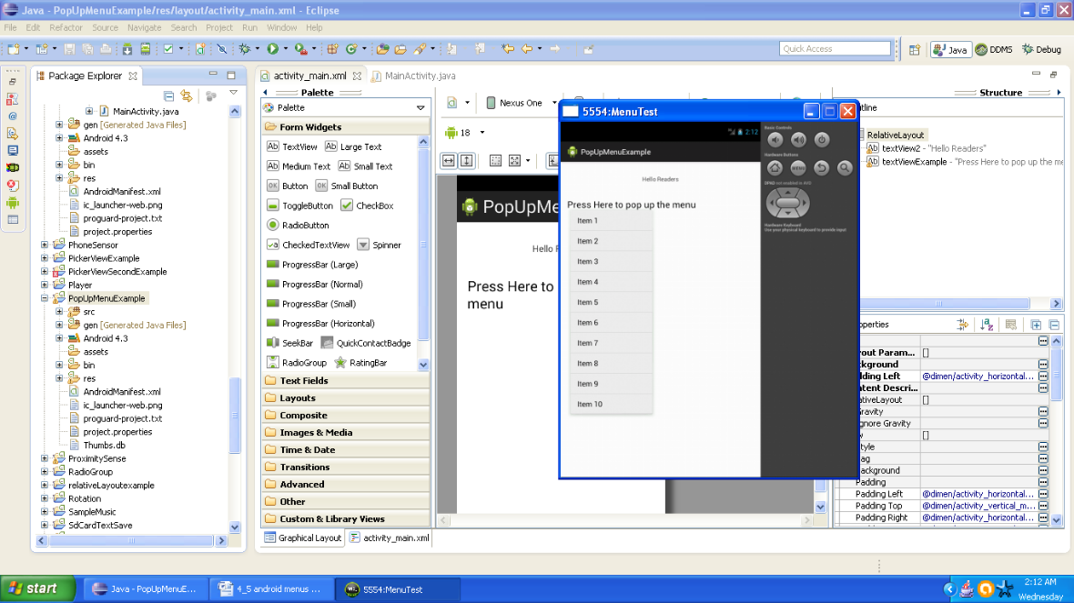 After pressing the screen of Android popup menu example