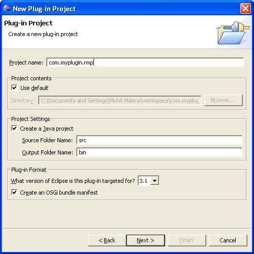 Enter name of the Eclipse plugin project