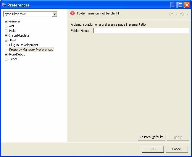Eclipse Error Message at the top of preference Page
