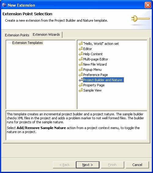 Eclipse Plugin selecting project builder and nature template.