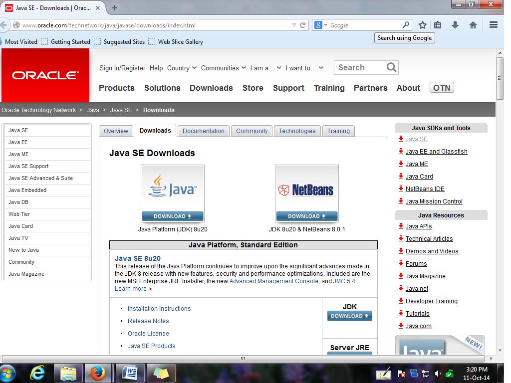 Snapshot: Oracle Java website (to download current version of jdk)