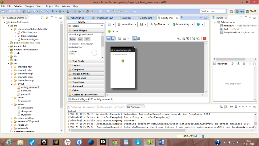 Graphical layout of Android Action Bar app