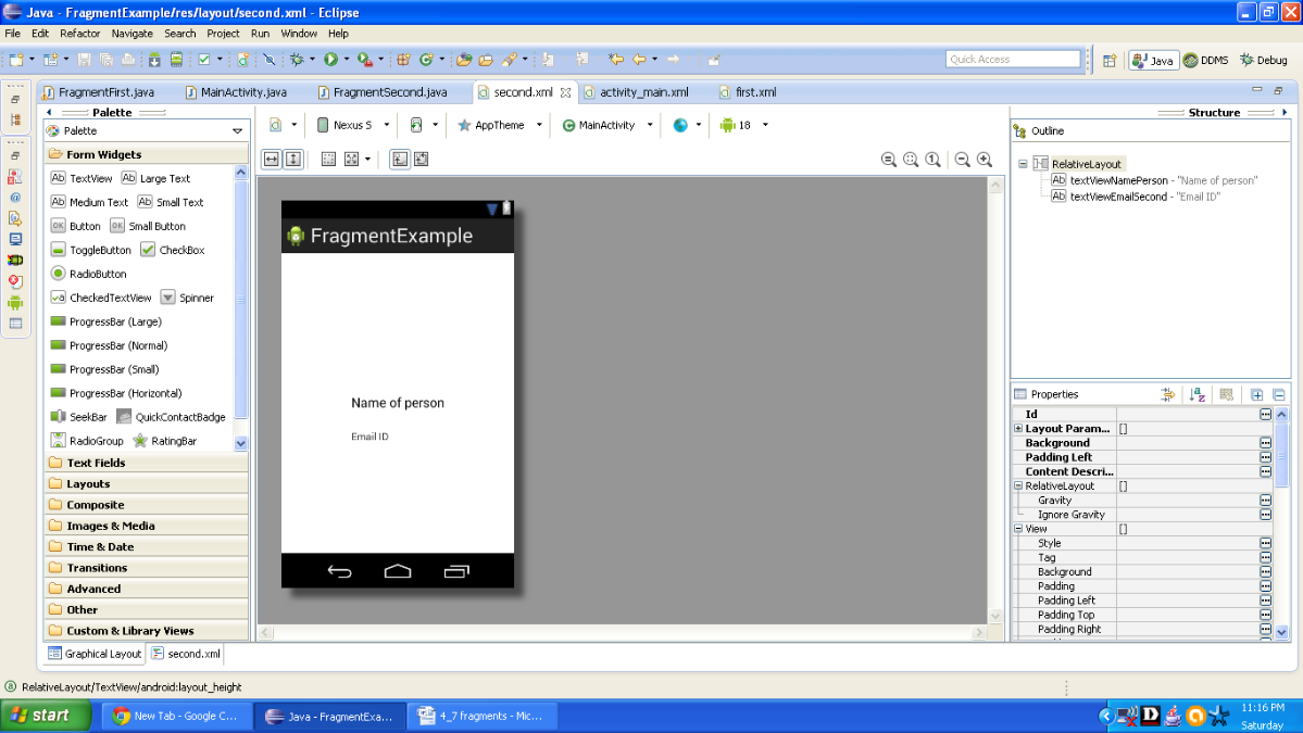Graphical layout of second Android fragment