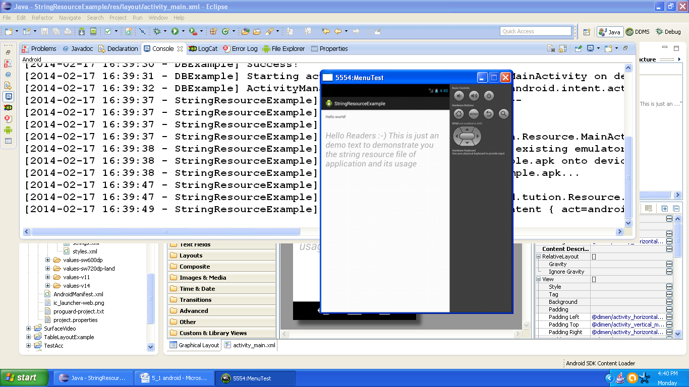 Android resource example app output on emulator